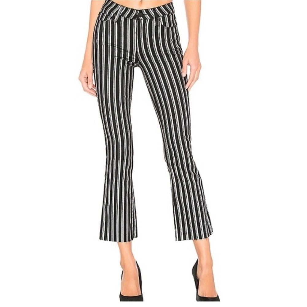 Paige Colette Mid Rise Cropped Flare Jeans Black Silver Metallic Stripe 29